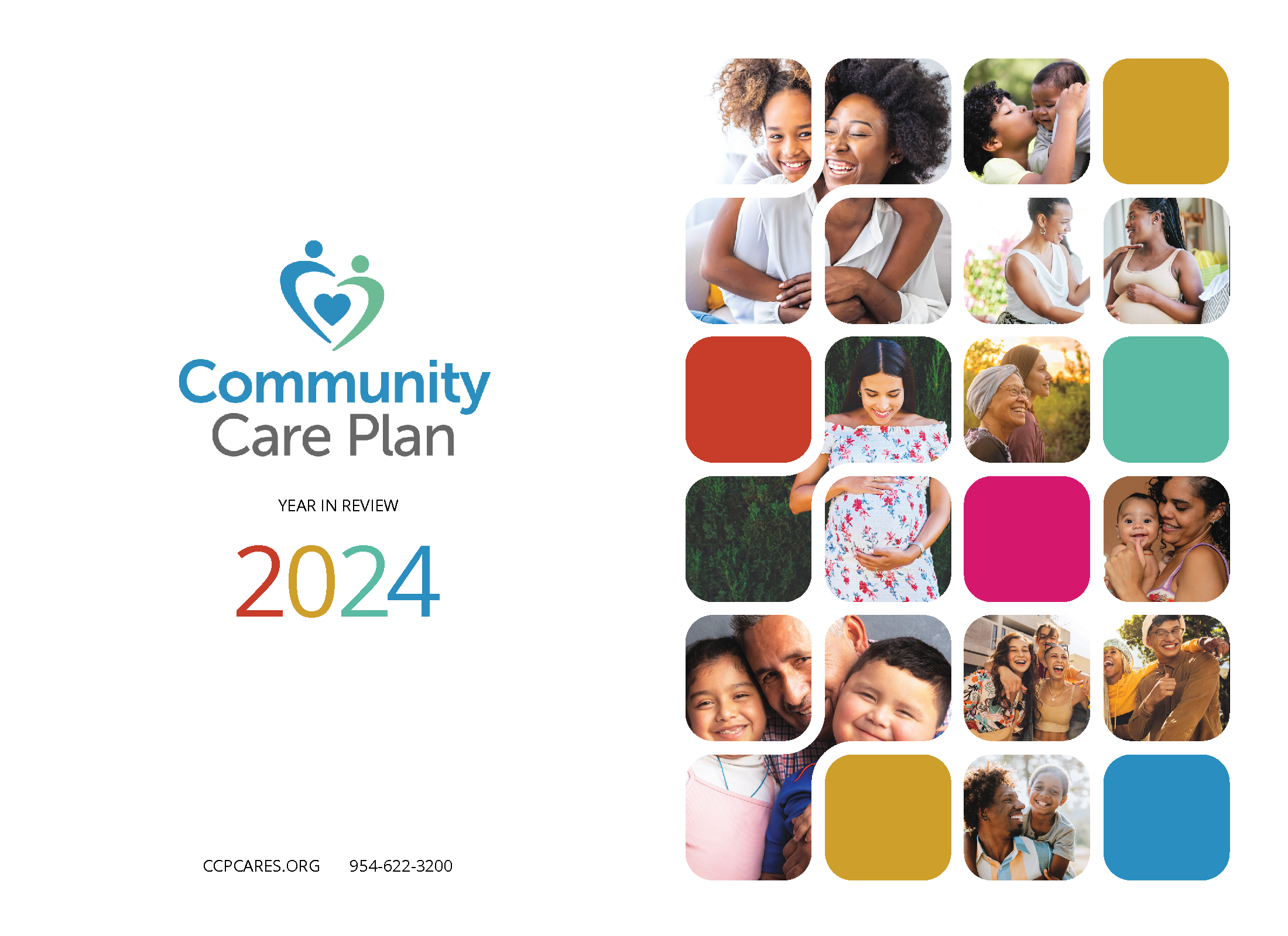 Community Care Plan annual report 2025 with images of children, people, and pink and yellows colors in squares